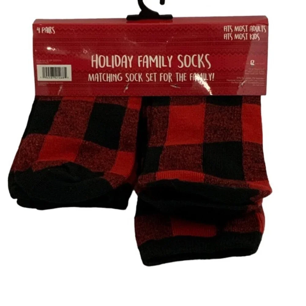 Holiday Family Matching Socks 4 Pack Christmas Tartan Plaid Red Black Adult Kids